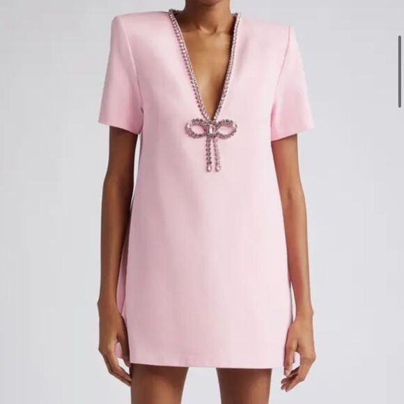 Area Crystal Bow V-Neck Ponte Knit T-Shirt Minidress - Picture 1 of 5
